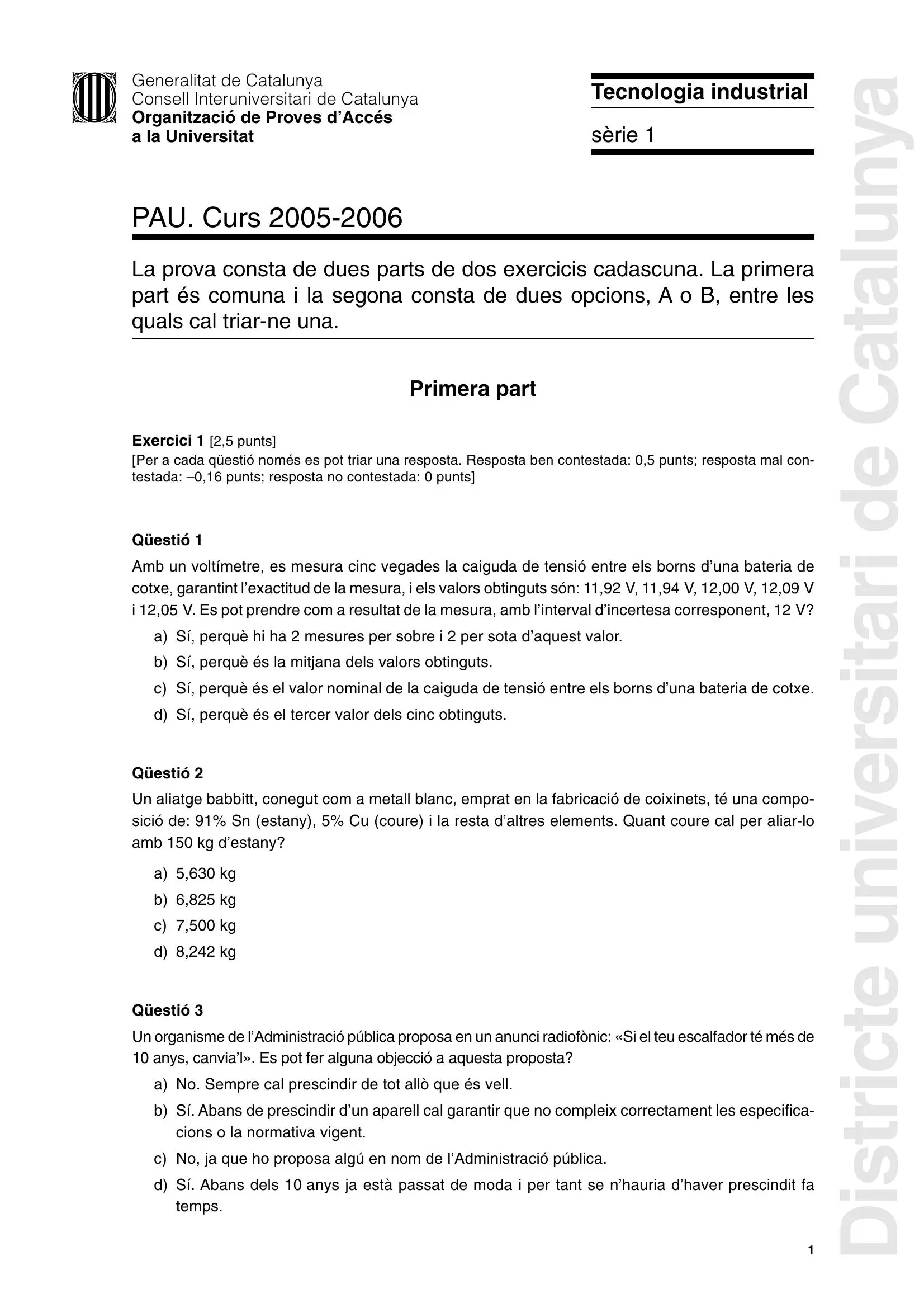 Previsualització de l'examen de Tecnologia Industrial 2006
