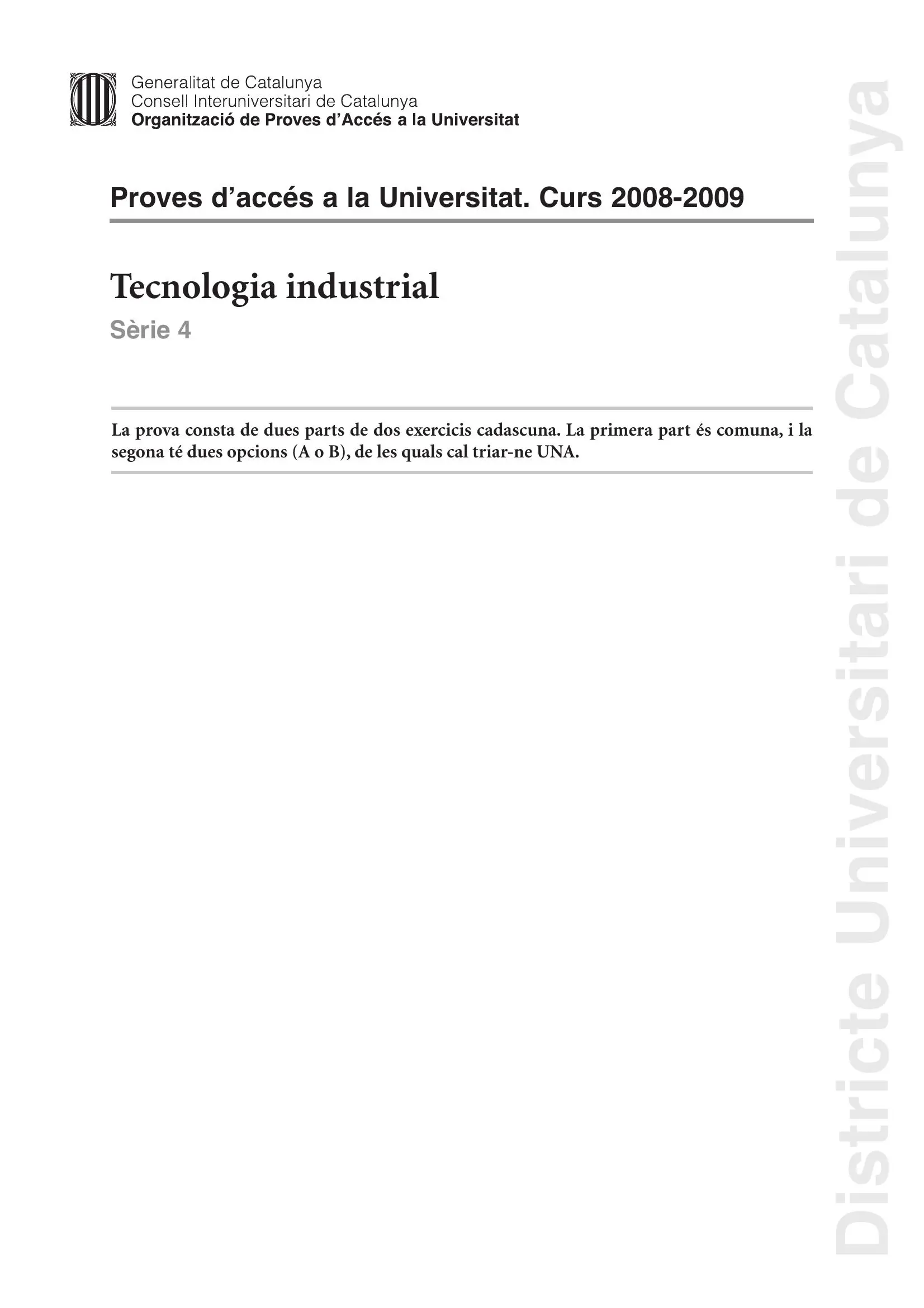 Previsualització de l'examen de Tecnologia Industrial 2009
