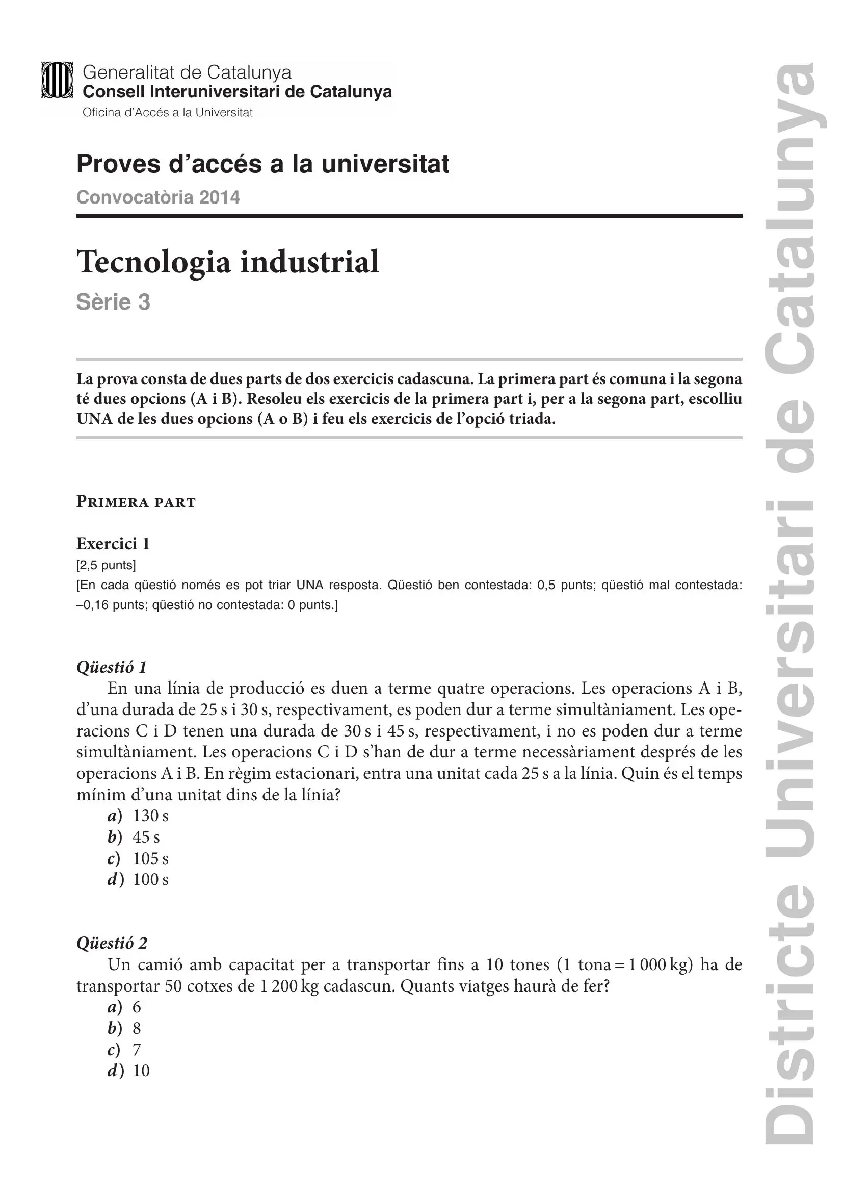 Previsualització de l'examen de Tecnologia Industrial 2014