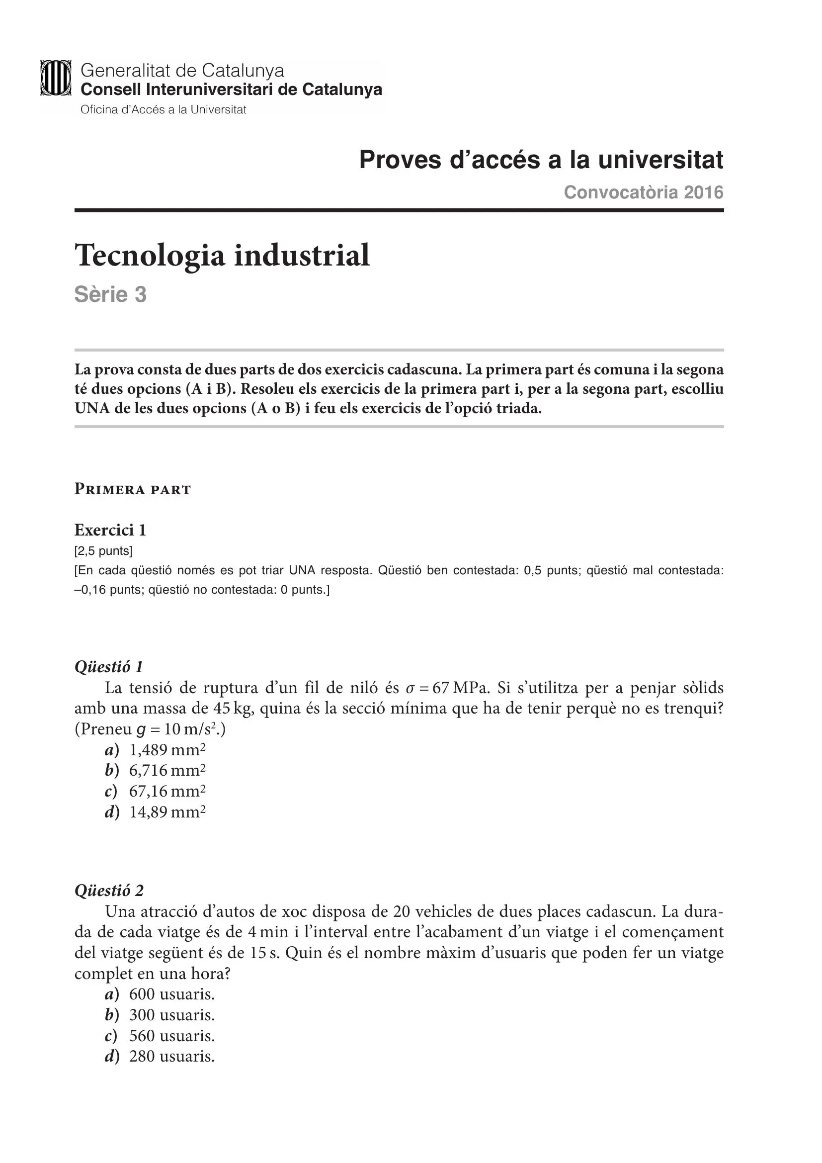 Previsualització de l'examen de Tecnologia Industrial 2016