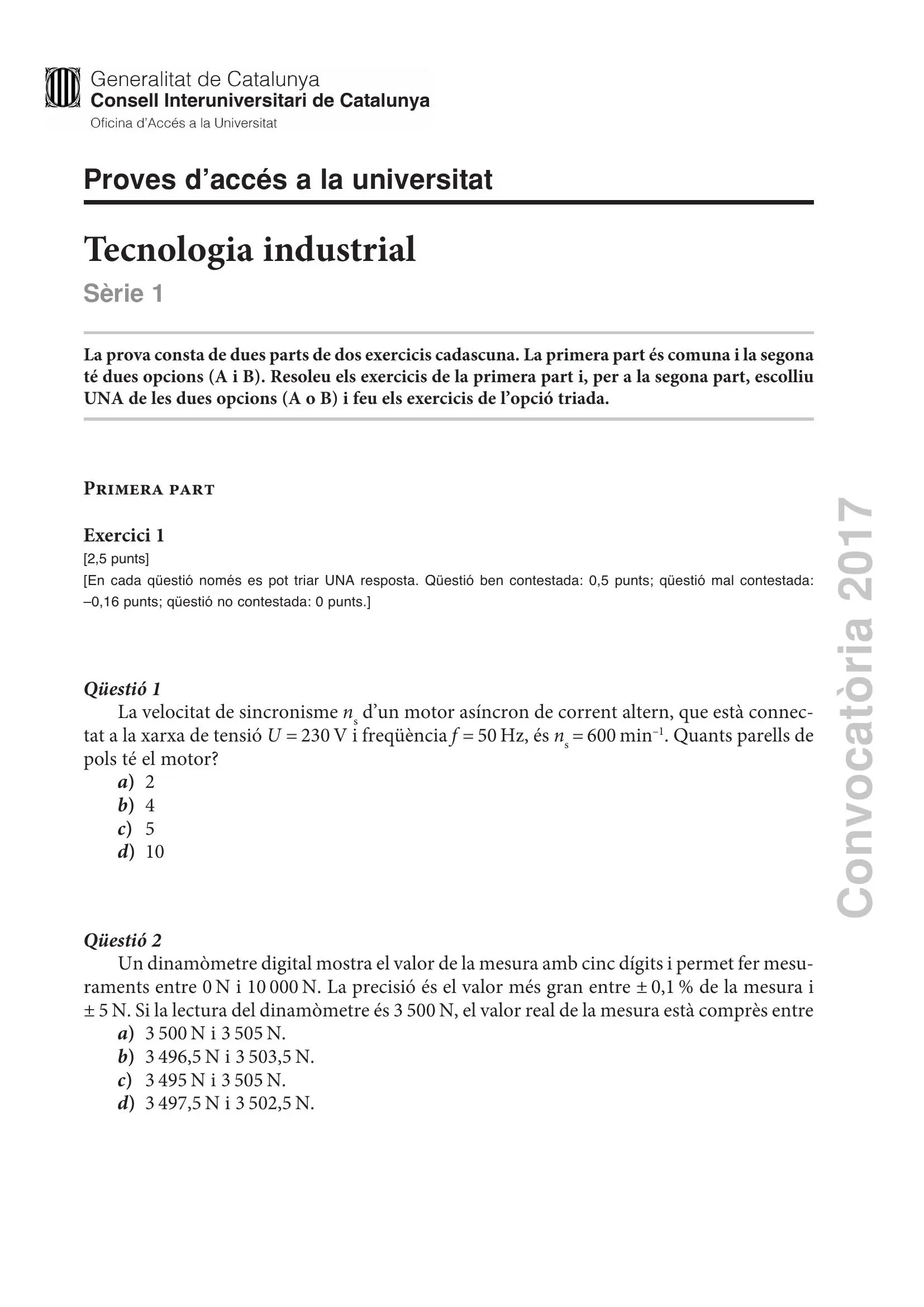 Previsualització de l'examen de Tecnologia Industrial 2017