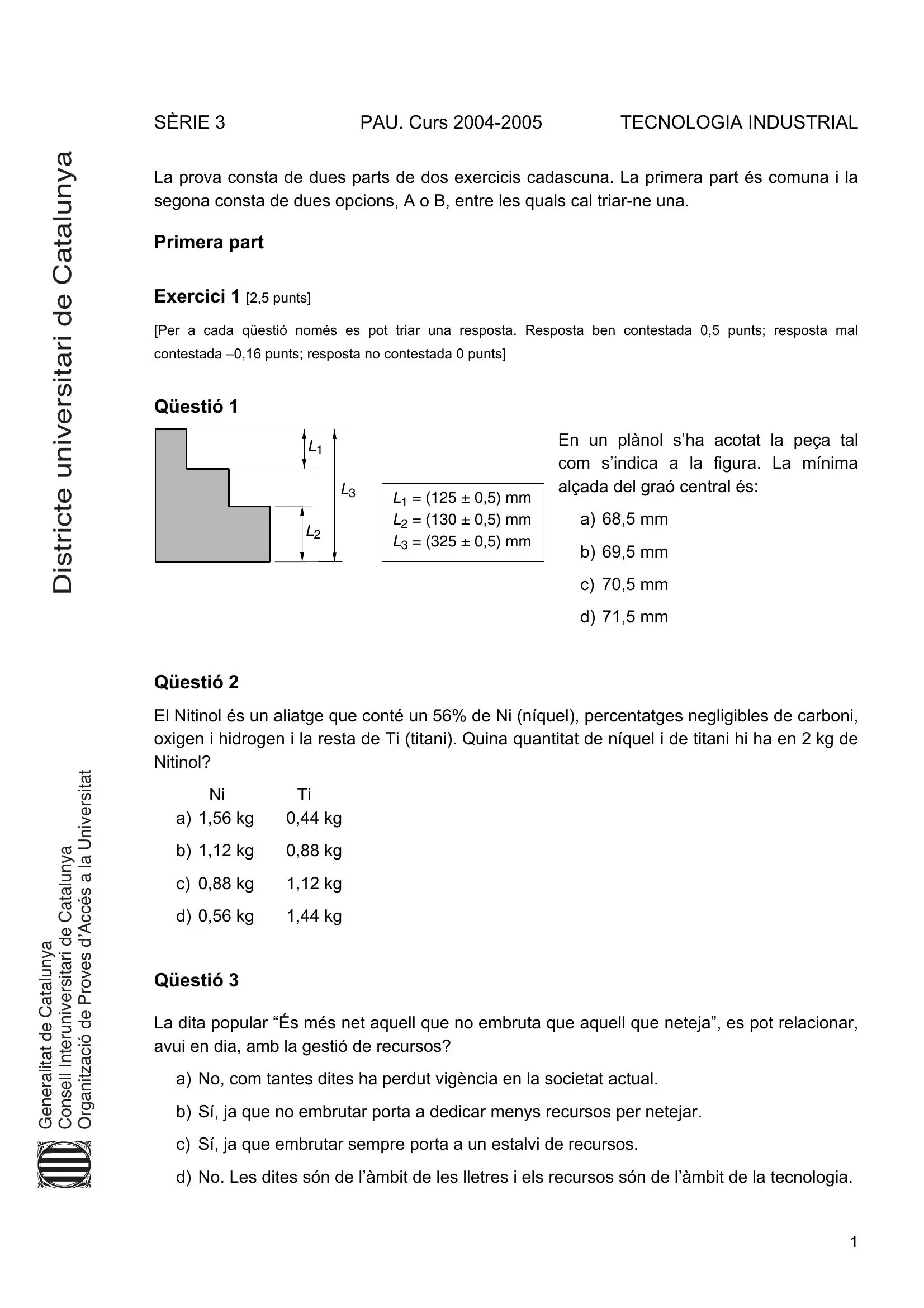 Previsualització de l'examen de Tecnologia Industrial 2005
