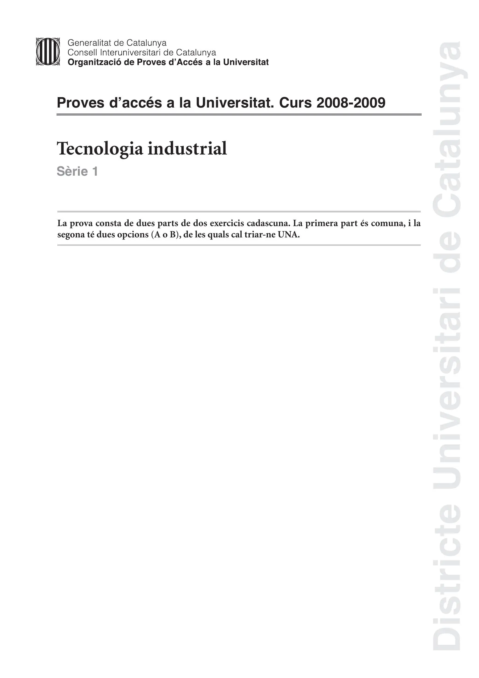 Previsualització de l'examen de Tecnologia Industrial 2009