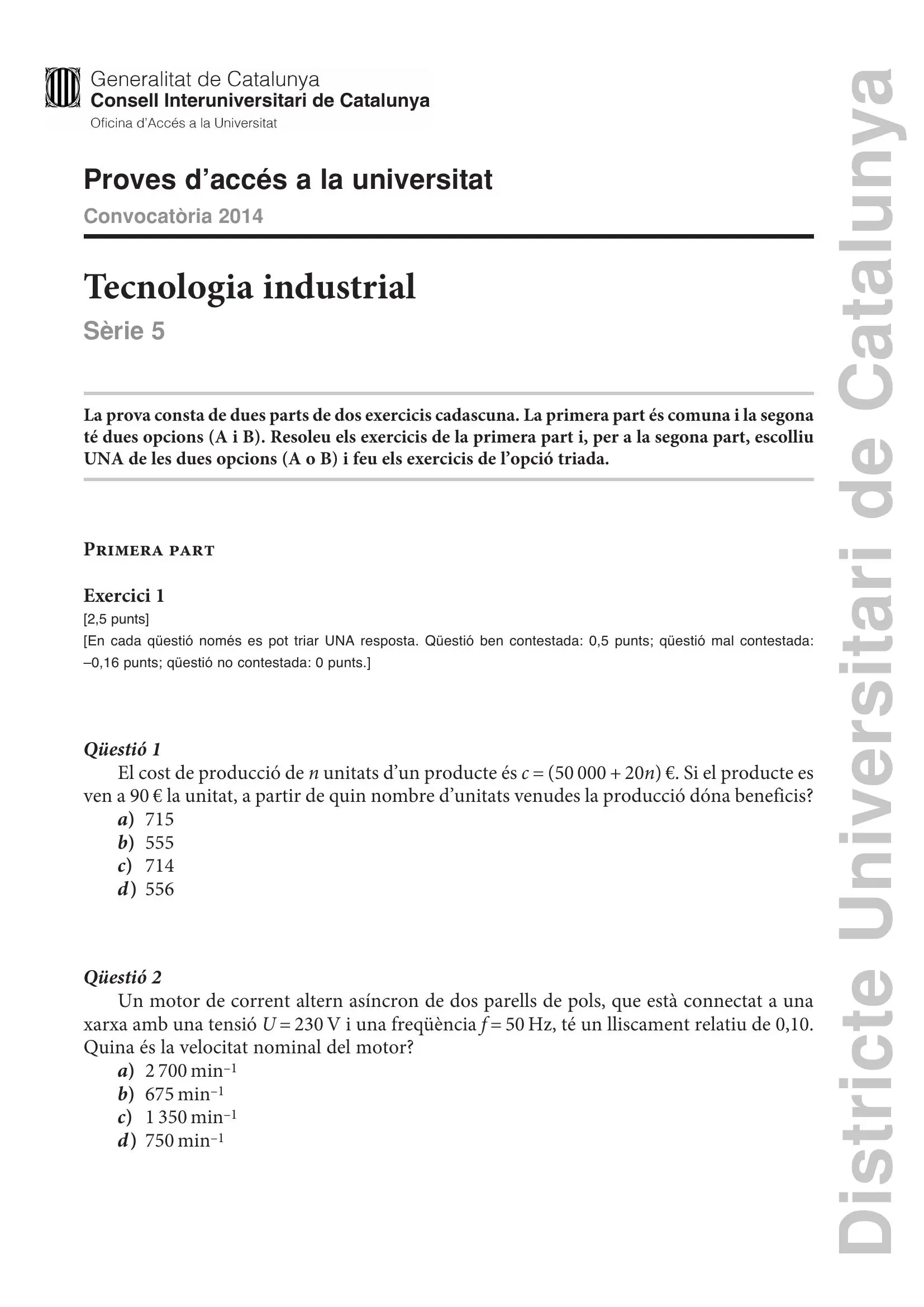 Previsualització de l'examen de Tecnologia Industrial 2014