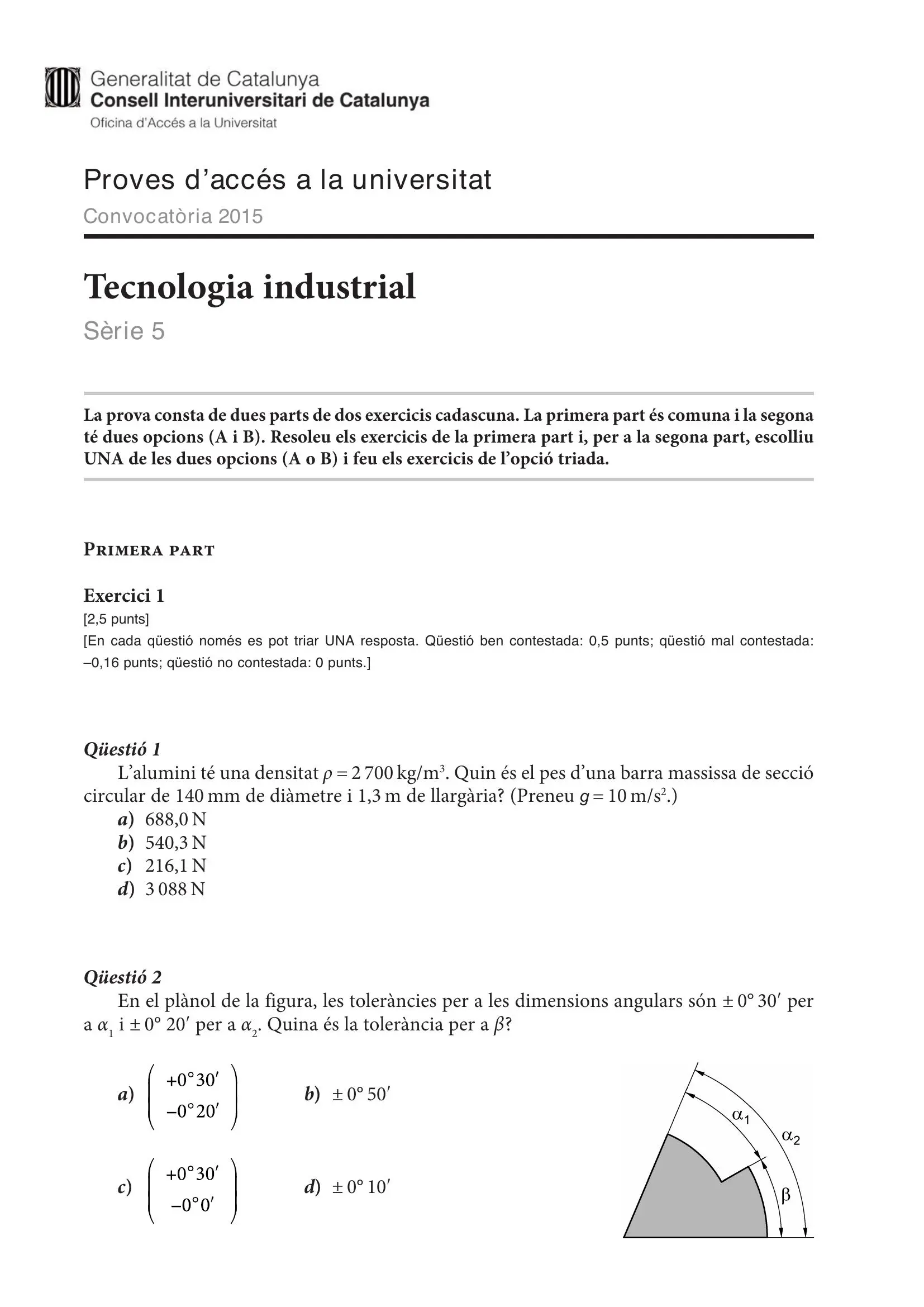 Previsualització de l'examen de Tecnologia Industrial 2015